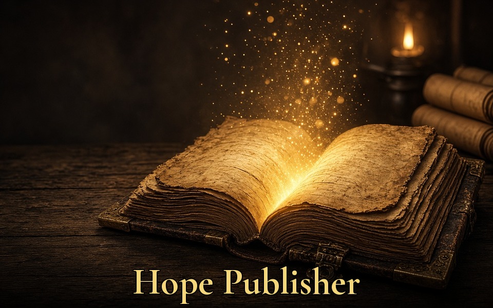 Hope Publisher: an ancient open book glowing with golden light